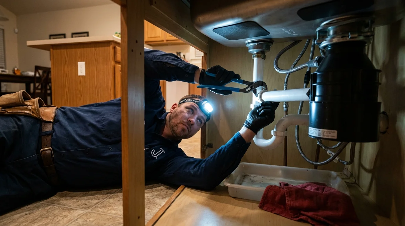 P-trap and supply line connections under a kitchen sink showing a common leak point in Summit, NJ